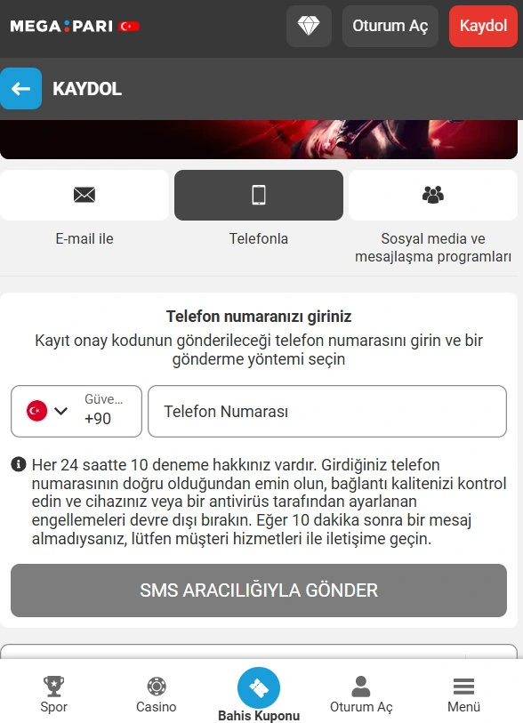 Megapari Türkiye Mobil Kayıt Görüntüsü