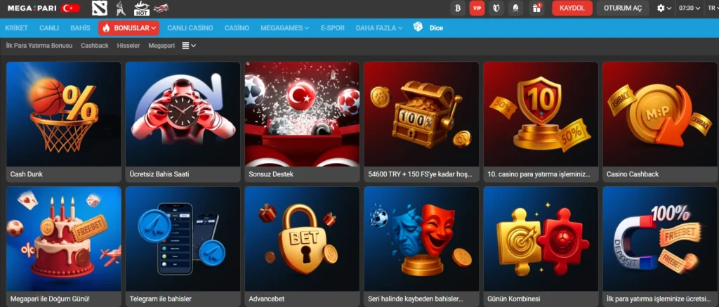 Megapari Türkiye Mobil Site Bonuslarının Görseli